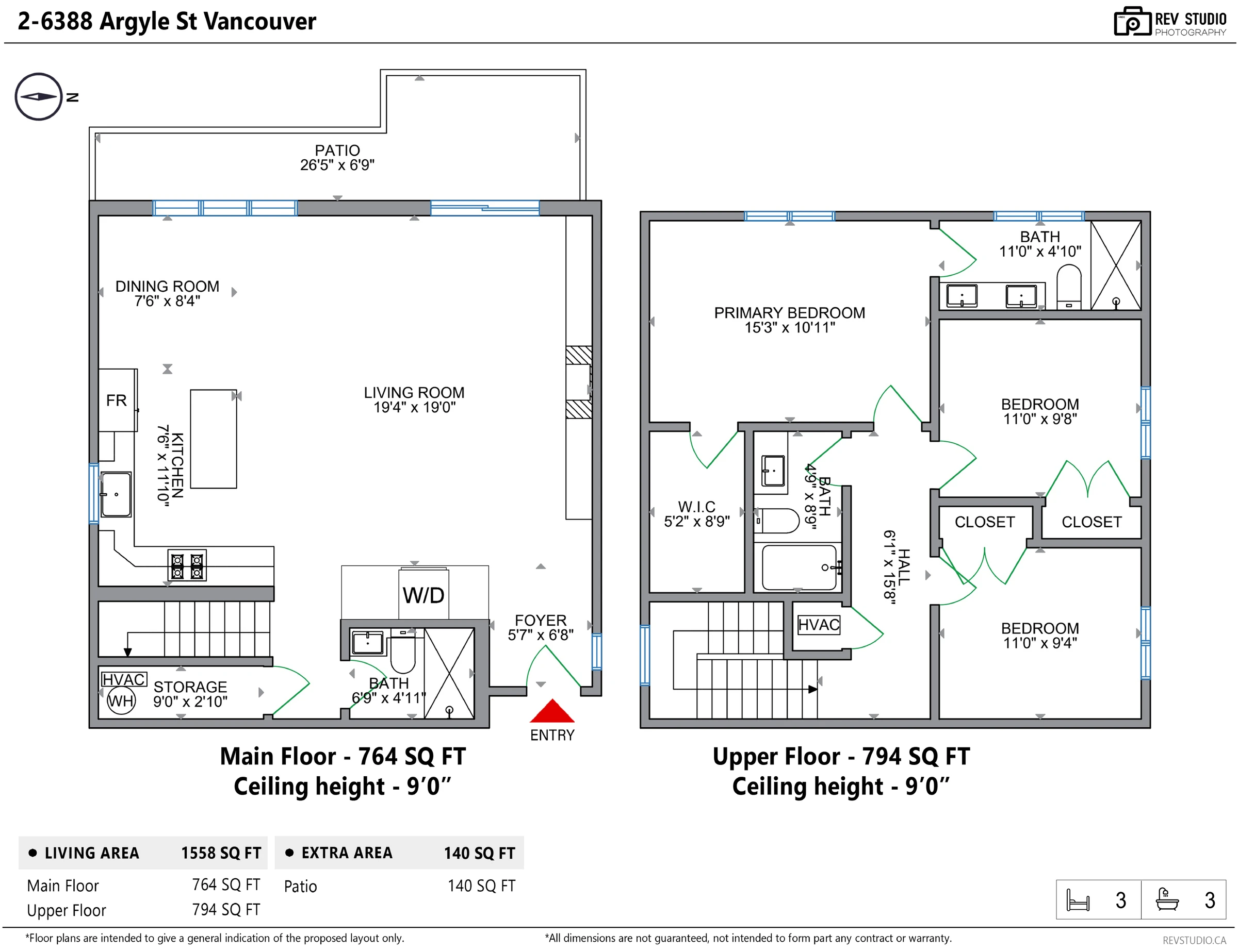 Measured floor plan of 2-6388 Argyle Street: main floor living, dining and galley kitchen with the patio alongside; three bedrooms and three baths over two levels