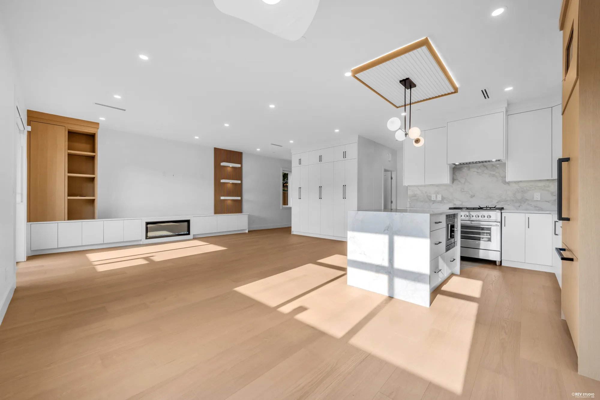 Living room and kitchen from the far end